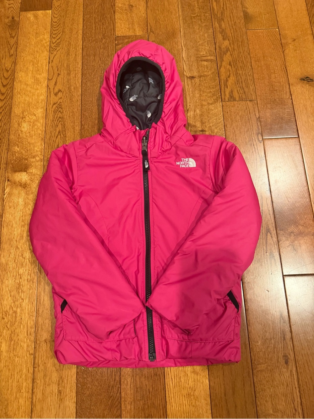 Girls North Face Hot Pink Reversible Hooded Insulated Jacket (Size 6)